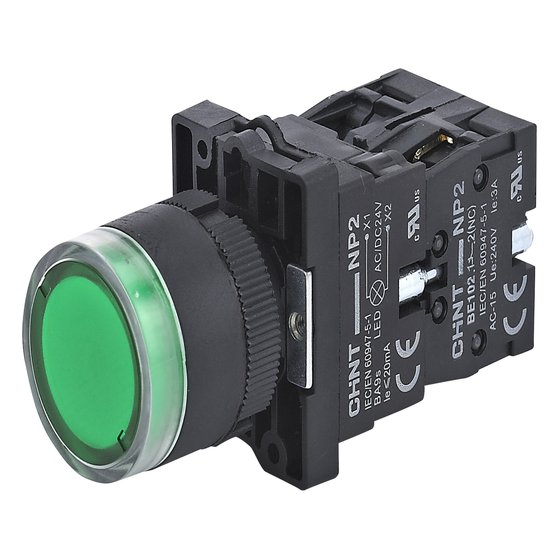 Кнопка управления NP2-EW3365 1НО+1НЗ зеленая AC/DC230В(LED), IP40 Chint