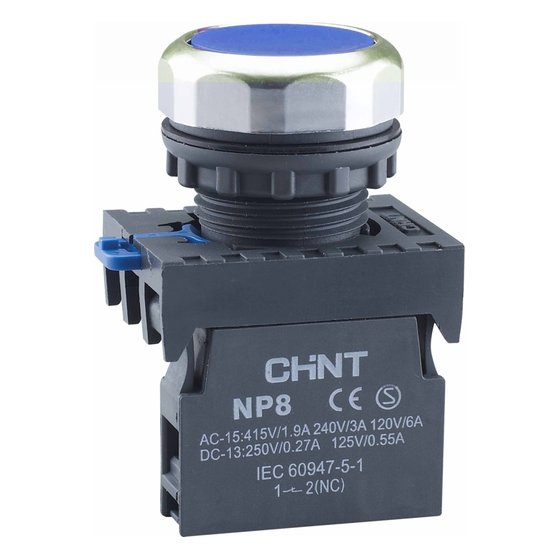Кнопка упр. NP8-20BN/6 без подсветки, самовозв., синий, 2НО, IP65 Chint