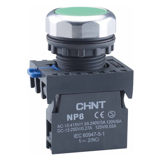 Кнопка упр. NP8-02BN/3 без подсветки, самовозв., зеленый, 2НЗ, IP65 Chint