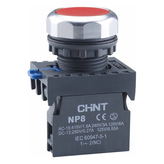 Кнопка упр. NP8-02BN/4 без подсветки, самовозв., красный, 2НЗ, IP65 Chint