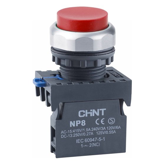 Кнопка упр. выступ., NP8-10GND/4 подсвет., самовозв., красн., AC110В-220В(LED), 1НО, IP65 Chint