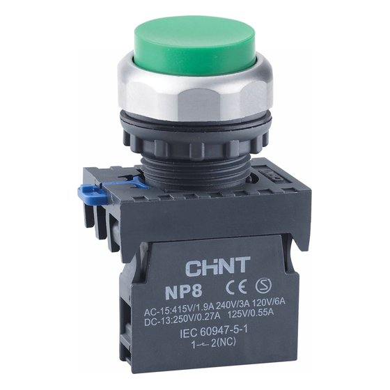 Кнопка упр. выступ., NP8-20GND/3 подсвет., самовозв., зелен., AC110-230В(LED), 2НО, IP65 Chint
