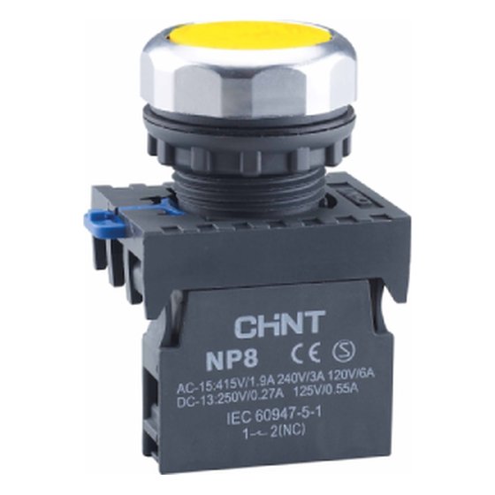 Кнопка упр. NP8-21BN/5 без подсветки, самовозв., желт., 2НО+1НЗ, IP65 Chint