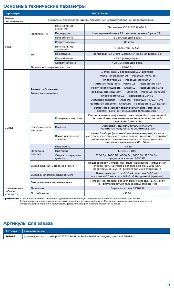 Многофункциональный измерительный прибор Chint PD7777: PD7777-□S4: основные технические параметры