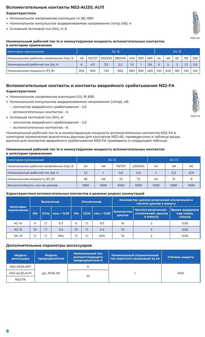 NS2(X) — автоматические выключатели для защиты и управления двигателями: Вспомогательные контакты NS2-AU, AU11 и контакты аварийной сигнализации NS2-FA: характеристики и параметры