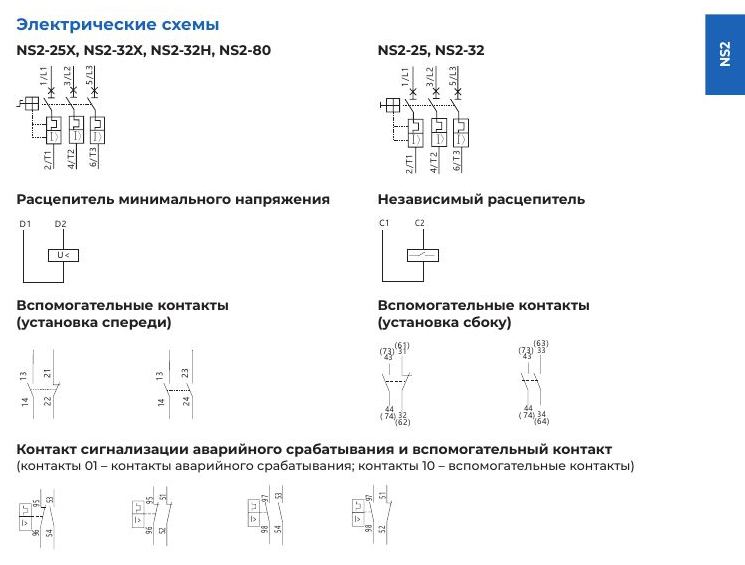 NS2(X) — автоматические выключатели для защиты и управления двигателями: Электрические схемы выключателей, расцепителей и вспомогательных контактов