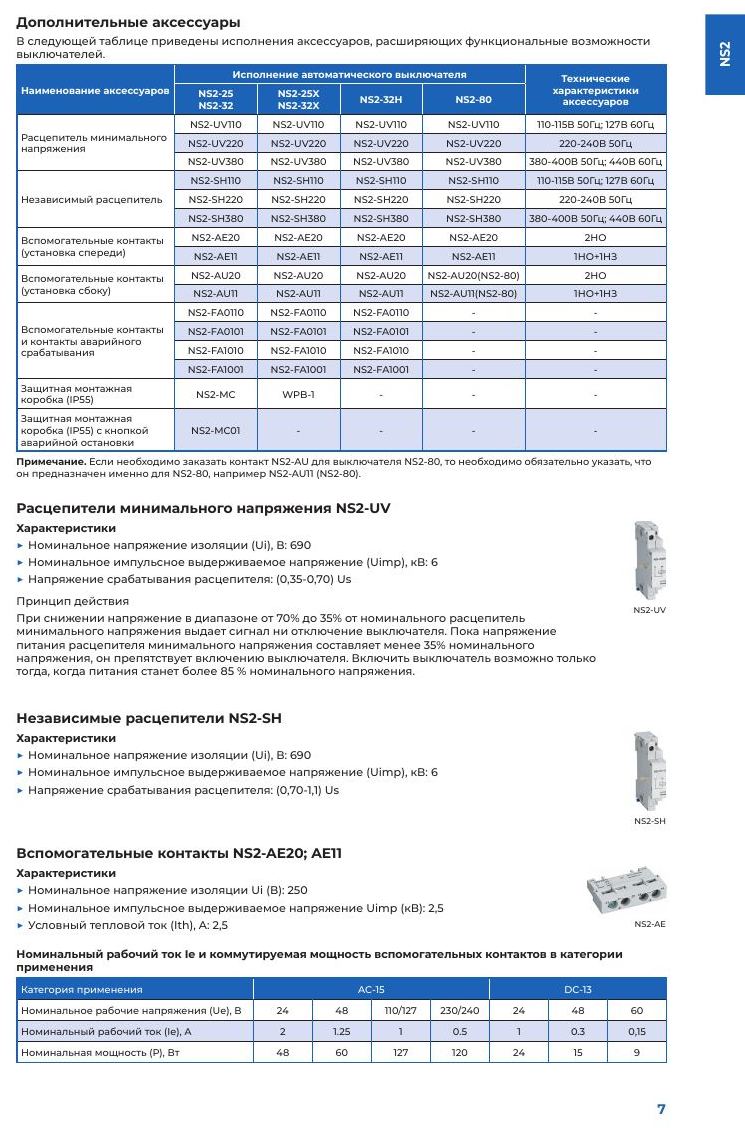 NS2(X) — автоматические выключатели для защиты и управления двигателями: Дополнительные аксессуары: таблица исполнений, расцепители NS2-UV и NS2-SH, вспомогательные контакты NS2-AE